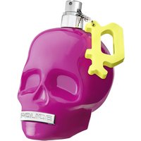 Purple skull-shaped bottle with silver cap and yellow "P" charm, Police To Be Good Vibes Women Eau de Parfum 125ml.