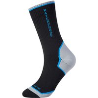 Black Portwest waterproof sock with blue accents, gray heel and toe, and "WATERPROOF" text on the side.