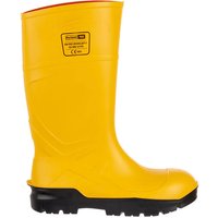 Yellow Portwest PU Safety Wellington Boots with black soles, UK size 6.5, featuring reinforced toe and slip-resistant tread.