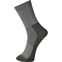 Grey Portwest thermal sock with ribbed cuff, reinforced heel and toe, EU size 44-48.