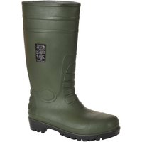Green Portwest Total Safety Wellington Boots with textured sole and reinforced toe, UK size 5.