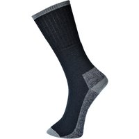 Black Portwest work sock with gray reinforced heel, toe, and cuff, ribbed design, EU size 44-48, 3-pack.