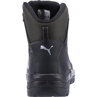 Black Puma Safety Cascades Mid S3 boot, size 10, with padded collar, reinforced heel, and Puma logo on the back.