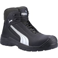 Black Puma Safety Cascades Mid S3 boot, size 10.5, with white stripe, padded collar, and rugged sole.
