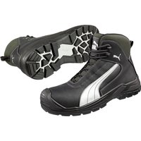 Black and grey Puma safety boot with white stripe, rugged sole, and ankle-high design, size 12.