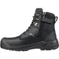 Black Puma Safety Conquest high boot, size 10, with side zipper, lace-up front, and reinforced toe.