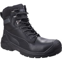 Black Puma high safety boot with reinforced toe, padded collar, and rugged sole, featuring metal eyelets and logo detailing.
