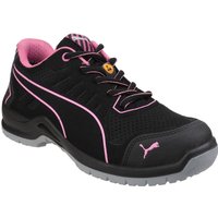 Black and pink Puma safety trainer with mesh upper, pink accents, and Puma logo, size 6.