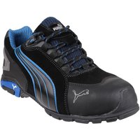 Black Puma Safety Rio Low Lace-up Boot with blue accents, padded collar, and Puma logo on side.
