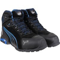 Black and blue Puma Safety Rio Mid lace-up boots with reinforced toe and Puma logo, size 12.