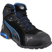 Black and blue Puma Safety Rio Mid lace-up boot with reinforced toe and Puma logo, size 9.