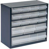 Black Raaco metal cabinet with 16 clear plastic drawers in a 4x4 grid.