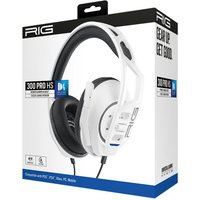 White Nacon RIG 300 headset for PS5 with black ear cushions and adjustable headband in branded packaging.