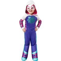 Toddler Ghost Spider costume with white hood, purple suit, pink web patterns, and teal spider emblem.