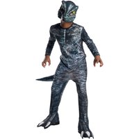 Velociraptor Blue dinosaur costume for ages 8-10, featuring a blue scaly jumpsuit, tail, and detailed mask.