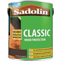 Green Sadolin Classic Wood Protection can, Jacobean Walnut, 5L, with wood texture and product details on label.