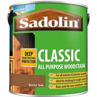 Green Sadolin Classic Wood Protection can, Burma Teak, 2.5L, with deep penetrating protection label and wood image.