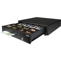 Black Safescan cash drawer with 8 coin compartments and 4 banknote compartments, open to show contents.