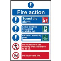Fire action procedure PVC sign, 200x300mm, blue and red icons with instructions for alarm, exit, and assembly point.