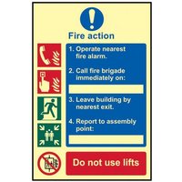 Photoluminescent fire action procedure sign, 200x300mm, with emergency steps and symbols, red and blue text.