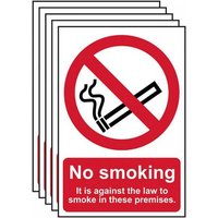 "No Smoking sign pack, 200x300mm, red circle with diagonal line over cigarette, text: 'No smoking in these premises'"