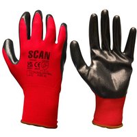 Red and black Scan nitrile coated knitted gloves, size XL, with logo and safety markings on the back.