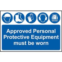 Blue and white PVC sign with icons of helmet, boots, gloves, ear protection, vest; text "Approved PPE must be worn".