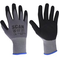 Gray and black Scan breathable microfoam nitrile gloves, size M, with blue cuffs and printed text on the back.