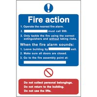 "Blue and white Scan Fire Action Procedure PVC sign with emergency instructions and red prohibition symbols"