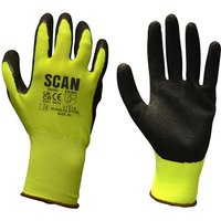 Hi-Vis yellow foam latex coated gloves, size M, with black palms and "SCAN" branding on the back.