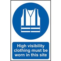 Blue and white PVC sign with vest icon and text "High visibility clothing must be worn in this site"