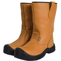 Tan leather rigger boots with black rubber soles, pull-on loops, and reinforced toe, size UK 7, EU 41.