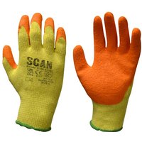 Yellow Scan Knitshell gloves with orange latex palms and fingertips, green cuffs, size XL (10).