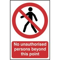 "PVC sign with red circle and slash over person icon, text 'No unauthorised persons beyond this point' below"