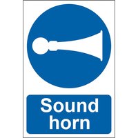 Blue and white PVC sign with horn icon and "Sound horn" text in bold letters.