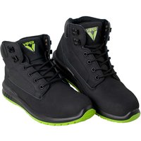 Black Scan Viper SBP safety work boots with green soles, high ankle support, and metal eyelets.