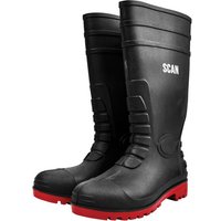 Black Scan safety wellingtons with red soles, reinforced toe, and textured grip, size UK 7 EU 41.