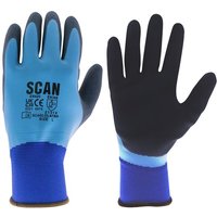 Blue and black waterproof latex gloves, XXL size 11, with Scan logo and elastic cuffs.