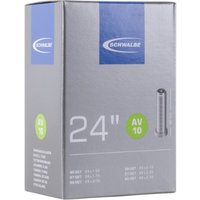 Gray Schwalbe AV10 24" inner tube box with Schrader valve illustration and blue logo.
