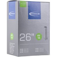 Schwalbe AV14 Extra Light 26" MTB inner tube in gray box with green accents and Schrader valve illustration.