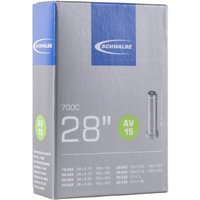 Schwalbe AV15 28"/700C inner tube box with Schrader valve image, blue and gray packaging, green AV15 label.