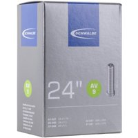 Schwalbe AV9 24" inner tube box, gray with blue accents, featuring Schrader valve illustration.