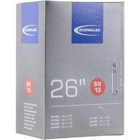 Gray Schwalbe SV13 26" MTB inner tube box with Presta valve image and blue logo.
