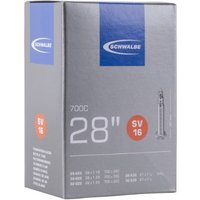 Gray Schwalbe SV16 28"/700C inner tube box with Presta valve image and blue logo.