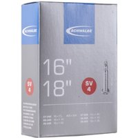 Schwalbe SV4 inner tube box, silver with blue accents, showing 16/18" size and Presta valve illustration.