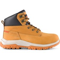 Tan Scruffs Ridge work boot with black padded collar, orange accents, and rugged orange sole.
