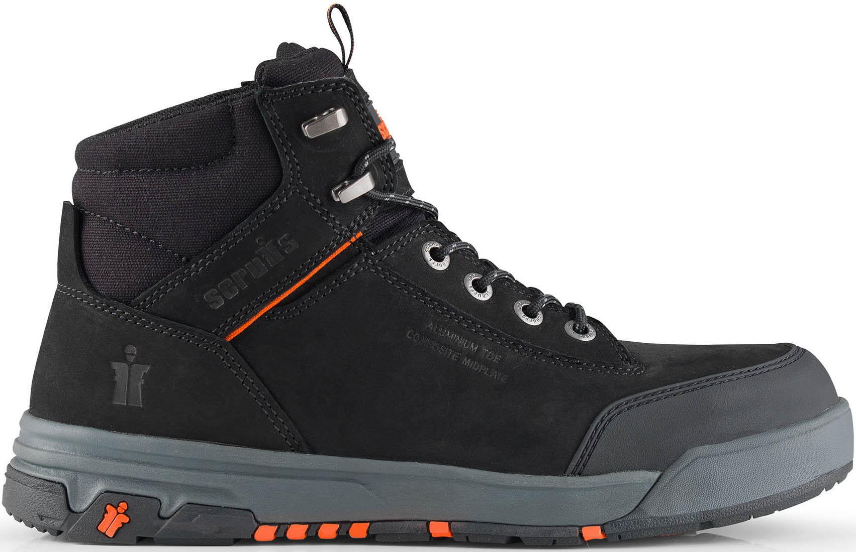 Black Scruffs Switchback 3 safety boots with orange accents, reinforced toe, and padded ankle support, size 11/46.