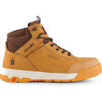 Brown Scruffs Switchback 3 Work Boot with padded ankle, metal eyelets, and white sole with orange accents.