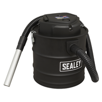 Black Sealey 3-in-1 ash vacuum cleaner with 20L capacity, 1200W power, flexible hose, and metal nozzle.