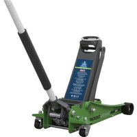 Hi-Vis green Sealey 3000LEHV trolley jack, 3 tonne capacity, low profile, with long handle and rocket lift feature.